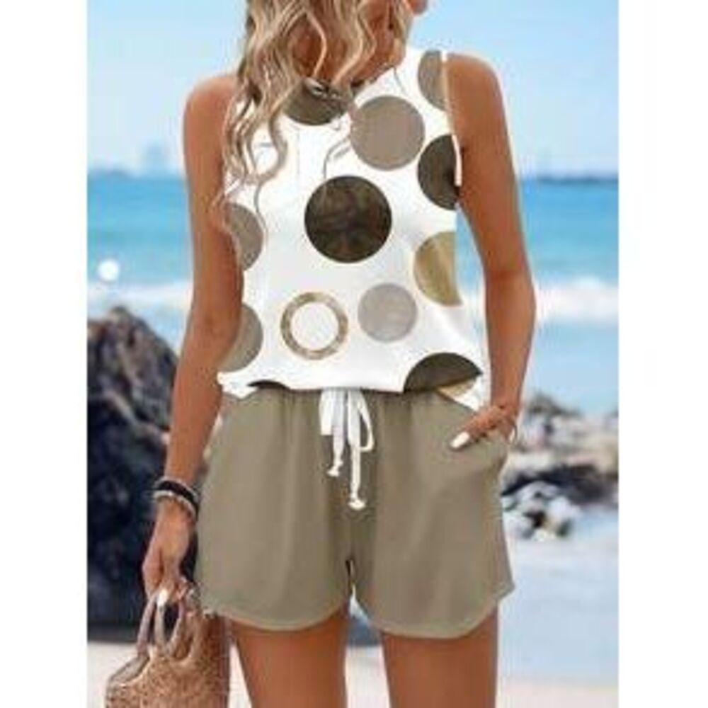 SHEIN LUNE 2pcs/Set Women's Casual Polka Dot Pattern Round Neck Camisole And Sh…